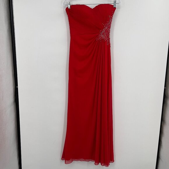 Xscape Red Strapless Beaded Maxi Evening Gown Size 2 - Picture 1 of 10